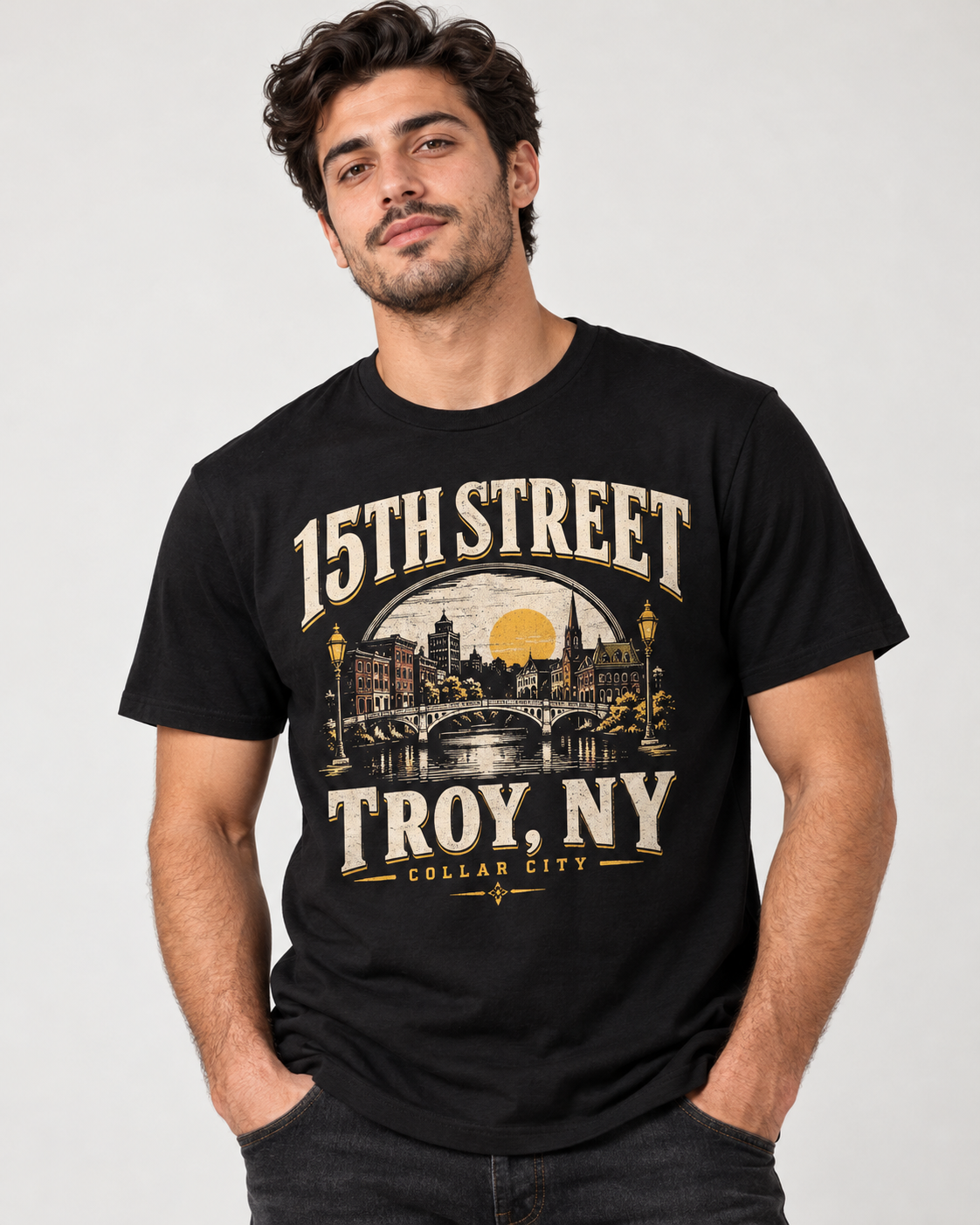 Turkish-looking adult male model wearing the 15th Street Troy NY T-shirt