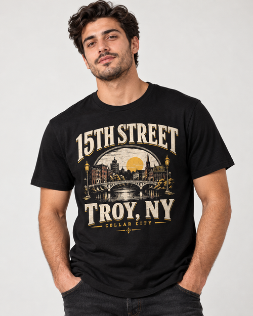 Turkish-looking adult male model wearing the 15th Street Troy NY T-shirt