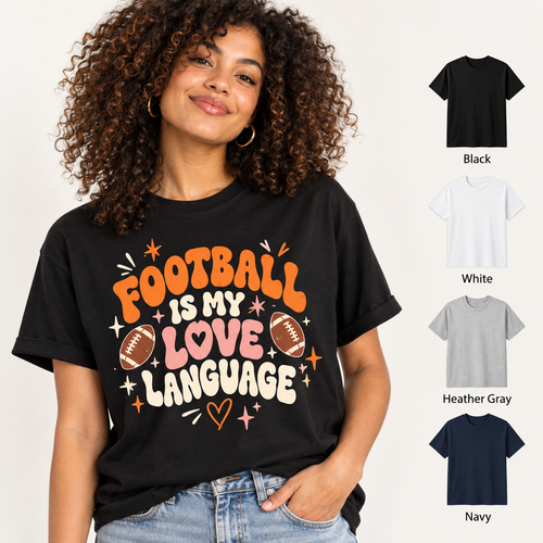 Retro Football Is My Love Language tee model with color choices