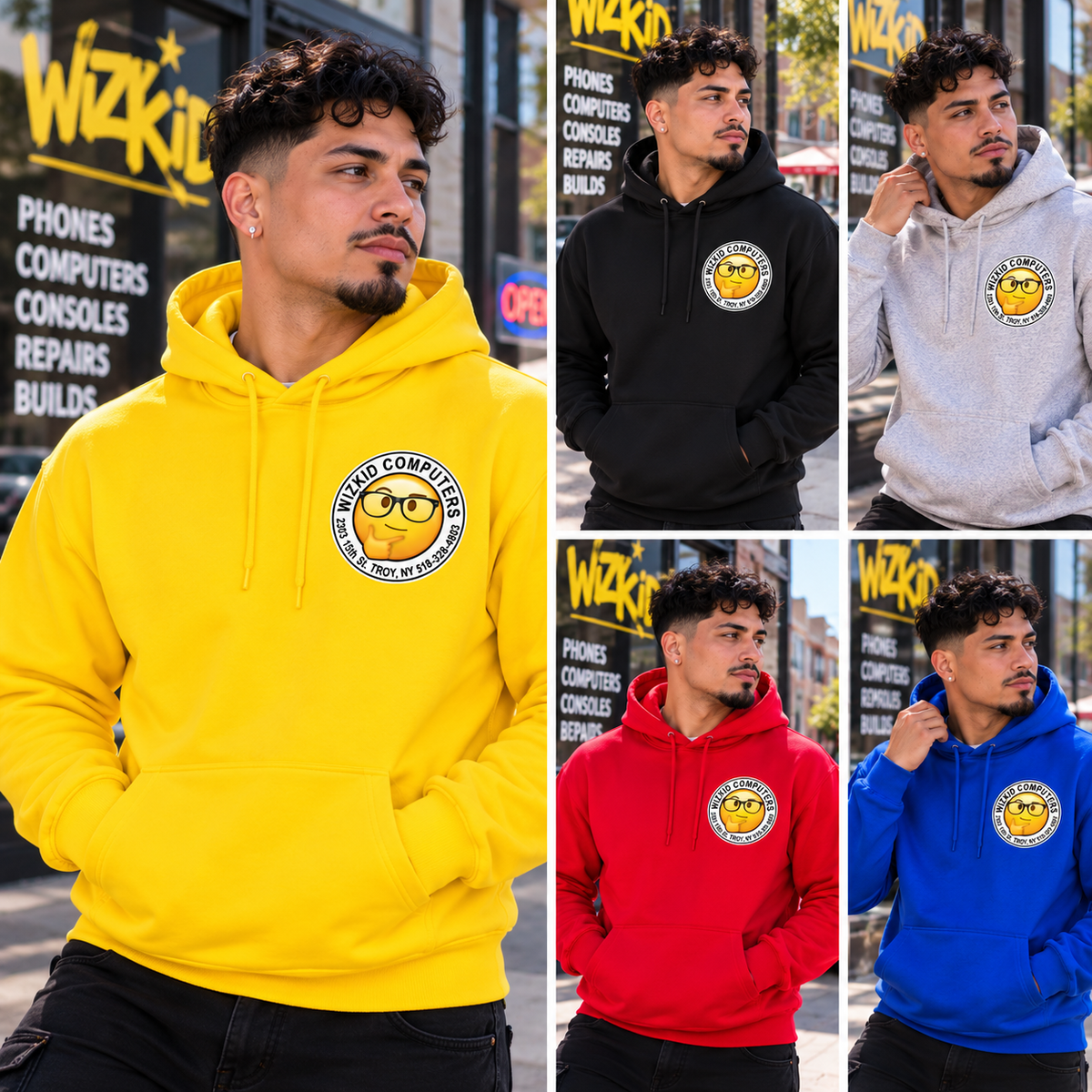 WizKid Computers front-logo hoodie shown on model in five colors