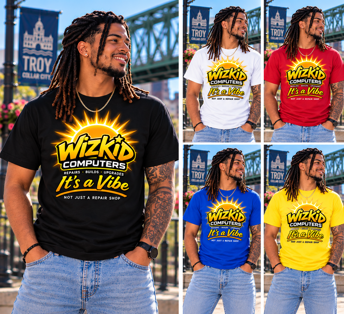 WizKid Computers It's a Vibe front logo on model wearing black, white, red, blue, and yellow shirts