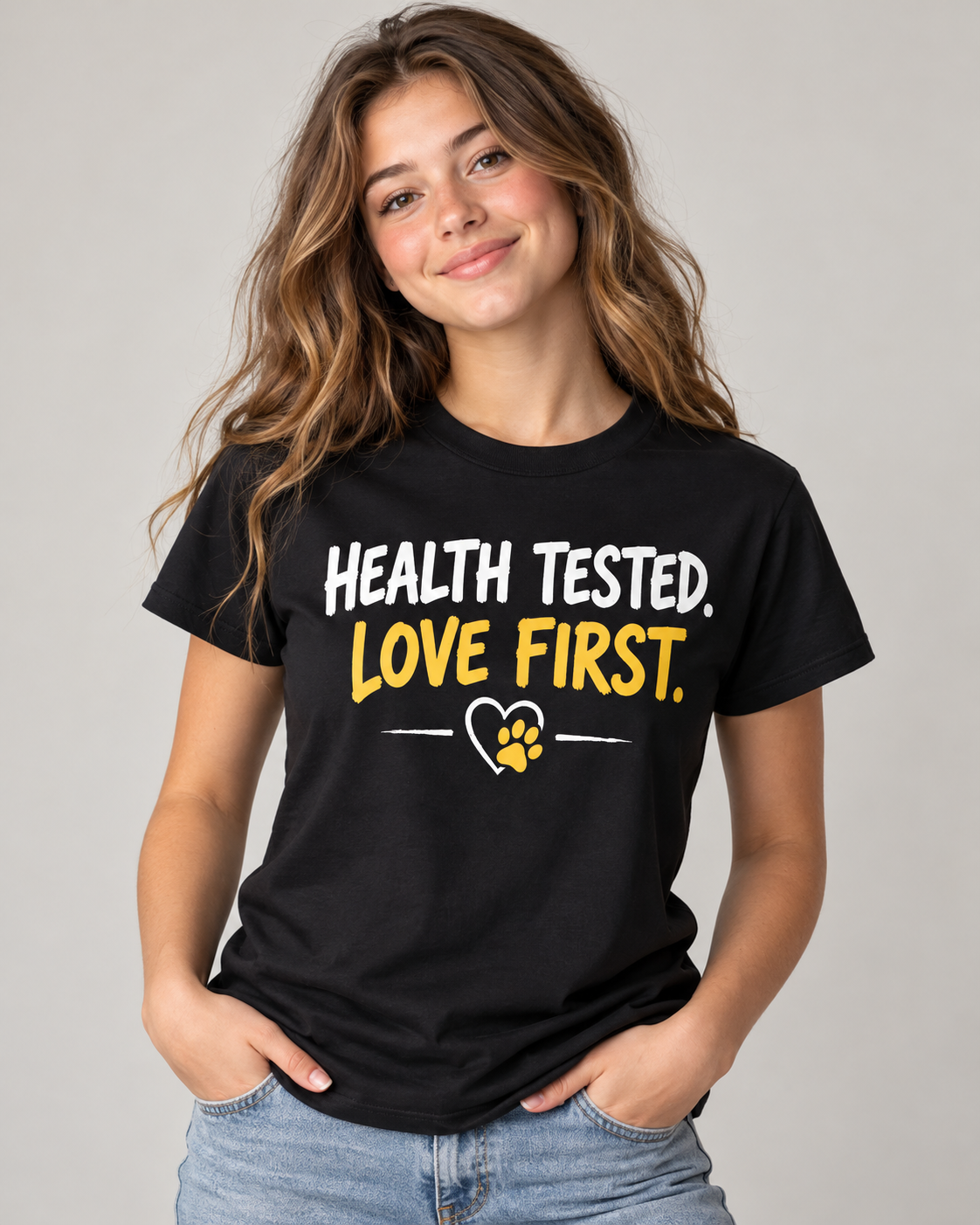 Teen model wearing the Health Tested Love First dog breeding T-shirt