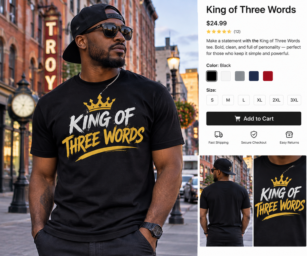 King of Three Words graphic t-shirt on male model in downtown Troy