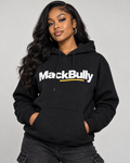 Female model wearing the black MackBully hooded sweatshirt