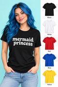 Blue-haired model wearing the black Mermaid Princess T-shirt, with black, white, red, blue, and yellow color options shown on the right