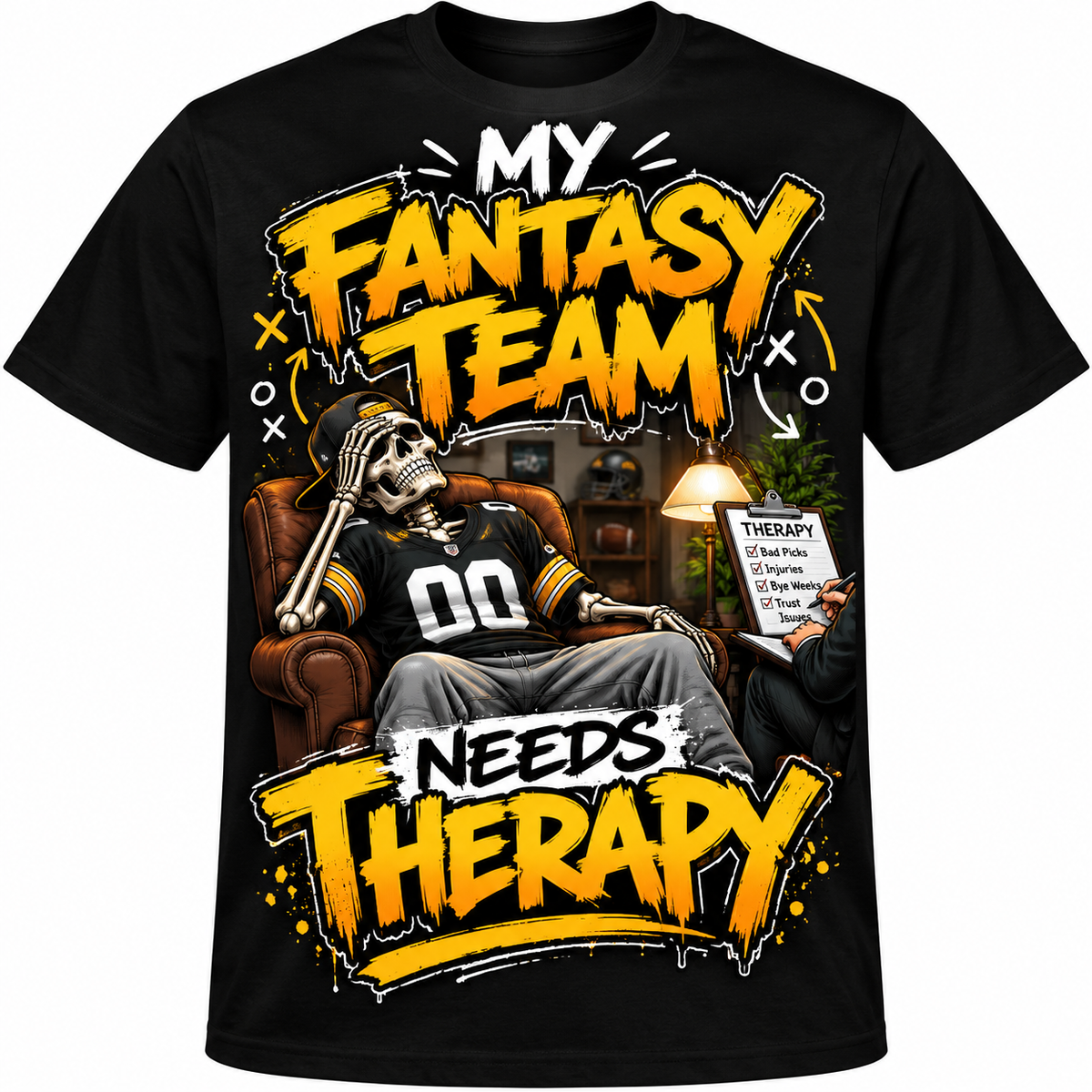 My Fantasy Team Needs Therapy black graphic T-shirt
