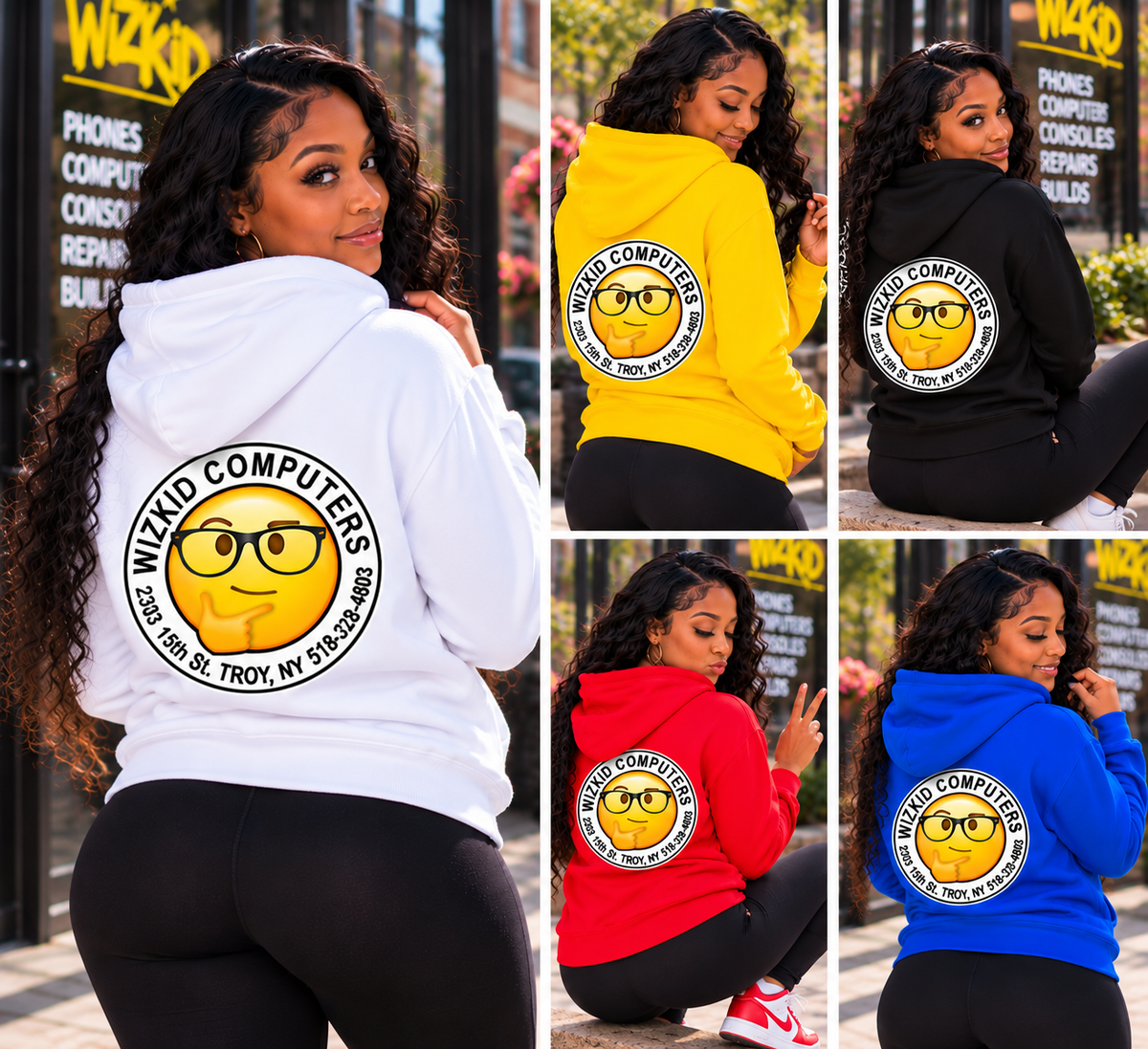Original WizKid Computers logo hoodie back, modeled in five colors