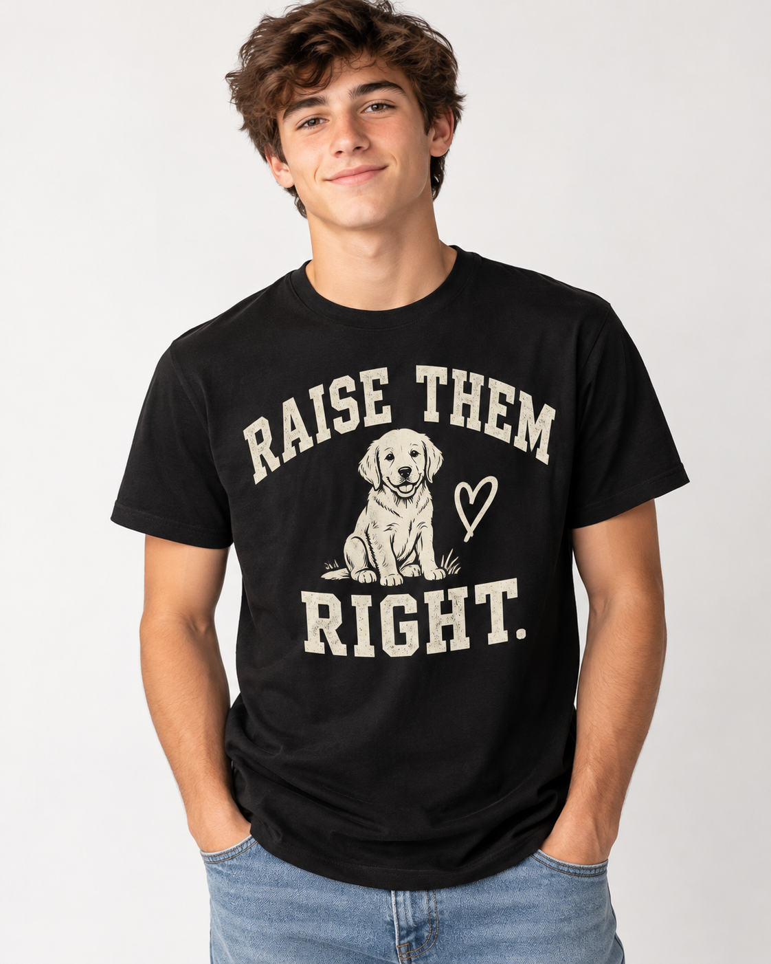 Teen model wearing the Raise Them Right puppy care T-shirt