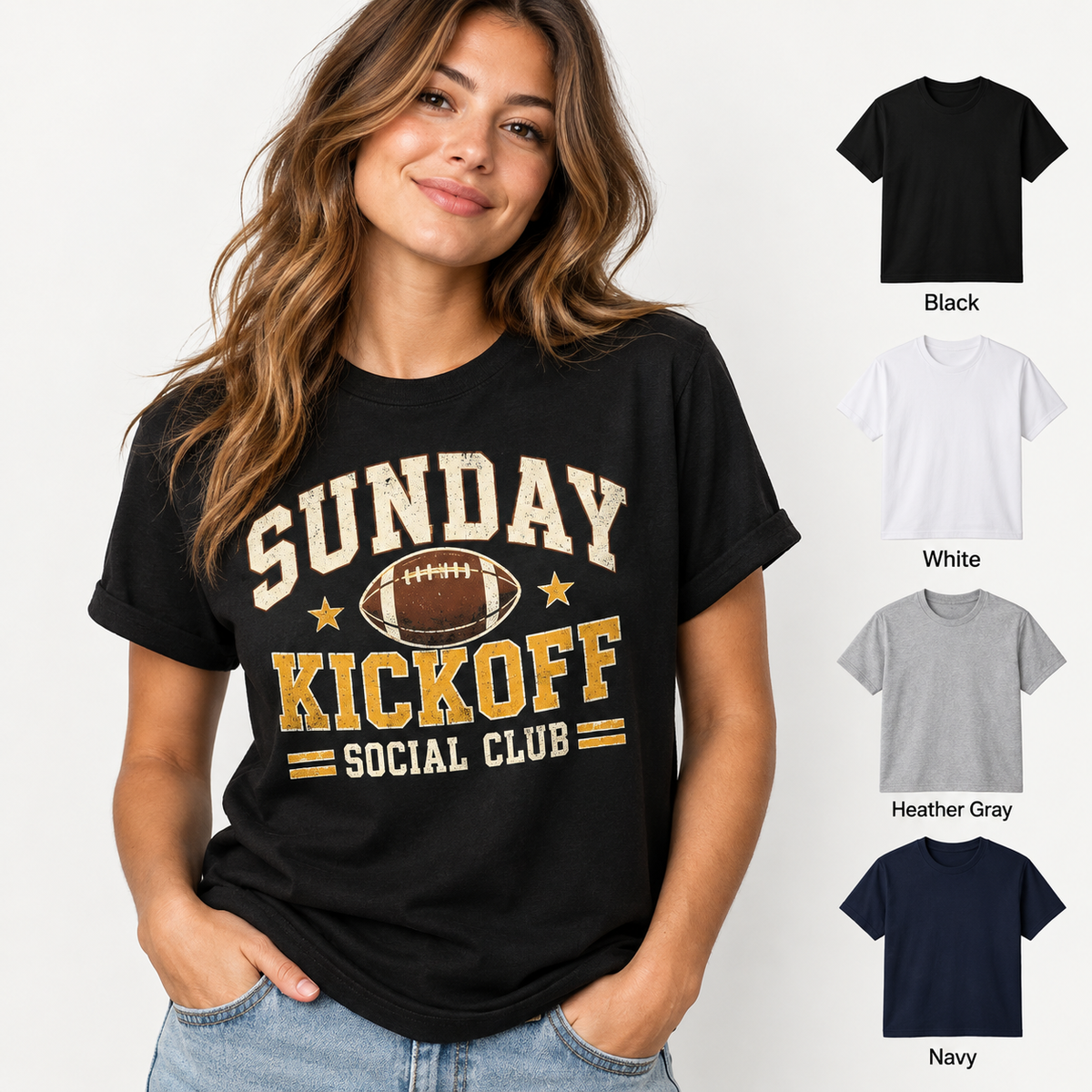 Vintage Sunday Kickoff Social Club tee model with color choices