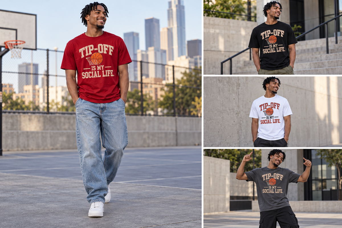 Model wearing the Basketball graphic T-shirt in red, with additional poses in alternate colors.