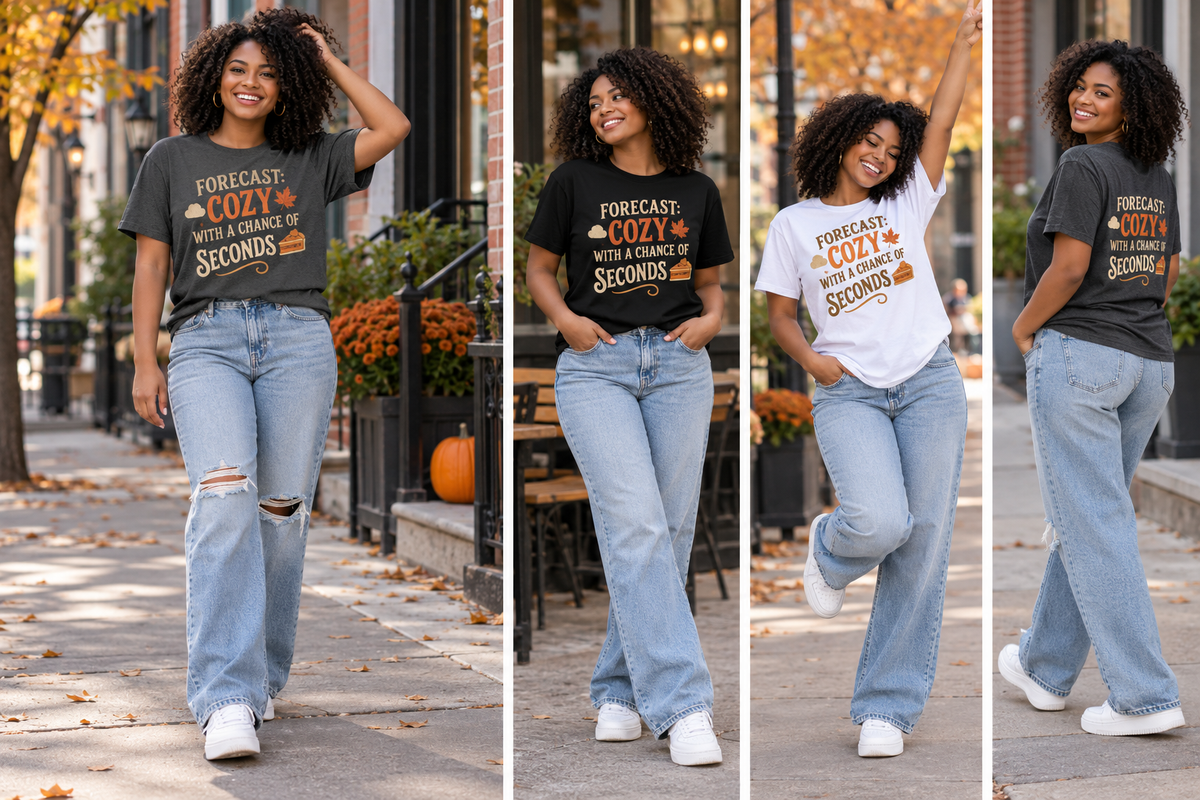 Model wearing the Fall graphic T-shirt in charcoal, with additional poses in alternate colors.