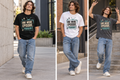Model wearing the Entertainment graphic T-shirt in black, with additional poses in alternate colors.