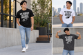 Model wearing the Football graphic T-shirt in black, with additional poses in alternate colors.