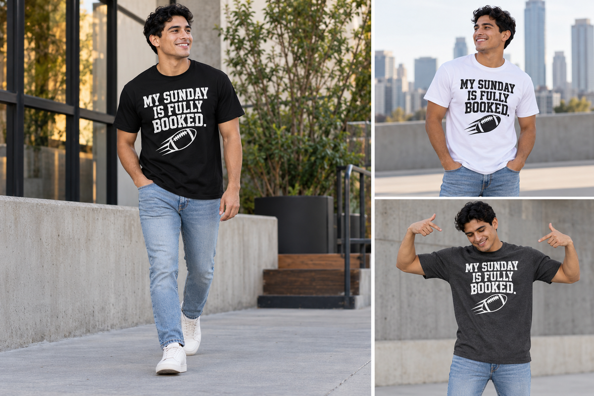Model wearing the Football graphic T-shirt in black, with additional poses in alternate colors.