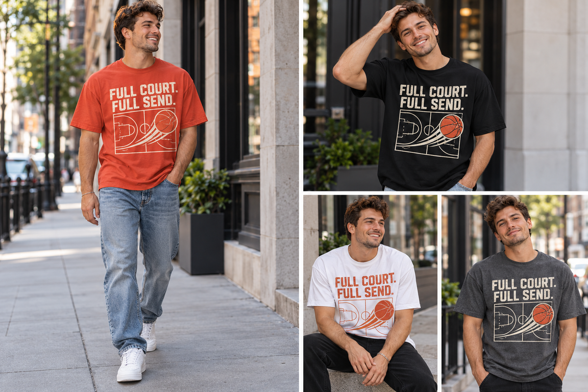 Model wearing FULL COURT. FULL SEND. on a shirt, shown in several poses and colors.