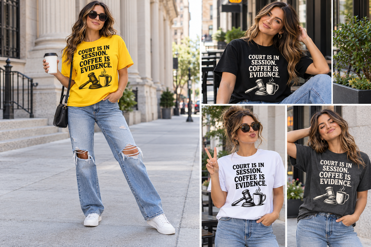 Model wearing COURT IS IN SESSION. COFFEE IS EVIDENCE. on a shirt, shown in several poses and colors.