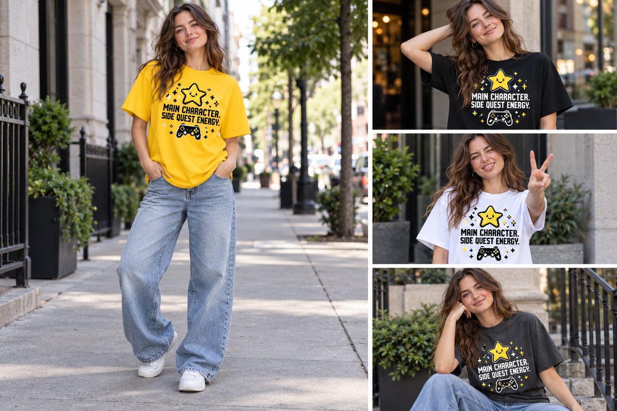 Model wearing MAIN CHARACTER. SIDE QUEST ENERGY. on a shirt, shown in several poses and colors.
