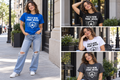 Model wearing PATCH NOW. PANIC NEVER. on a shirt, shown in several poses and colors.