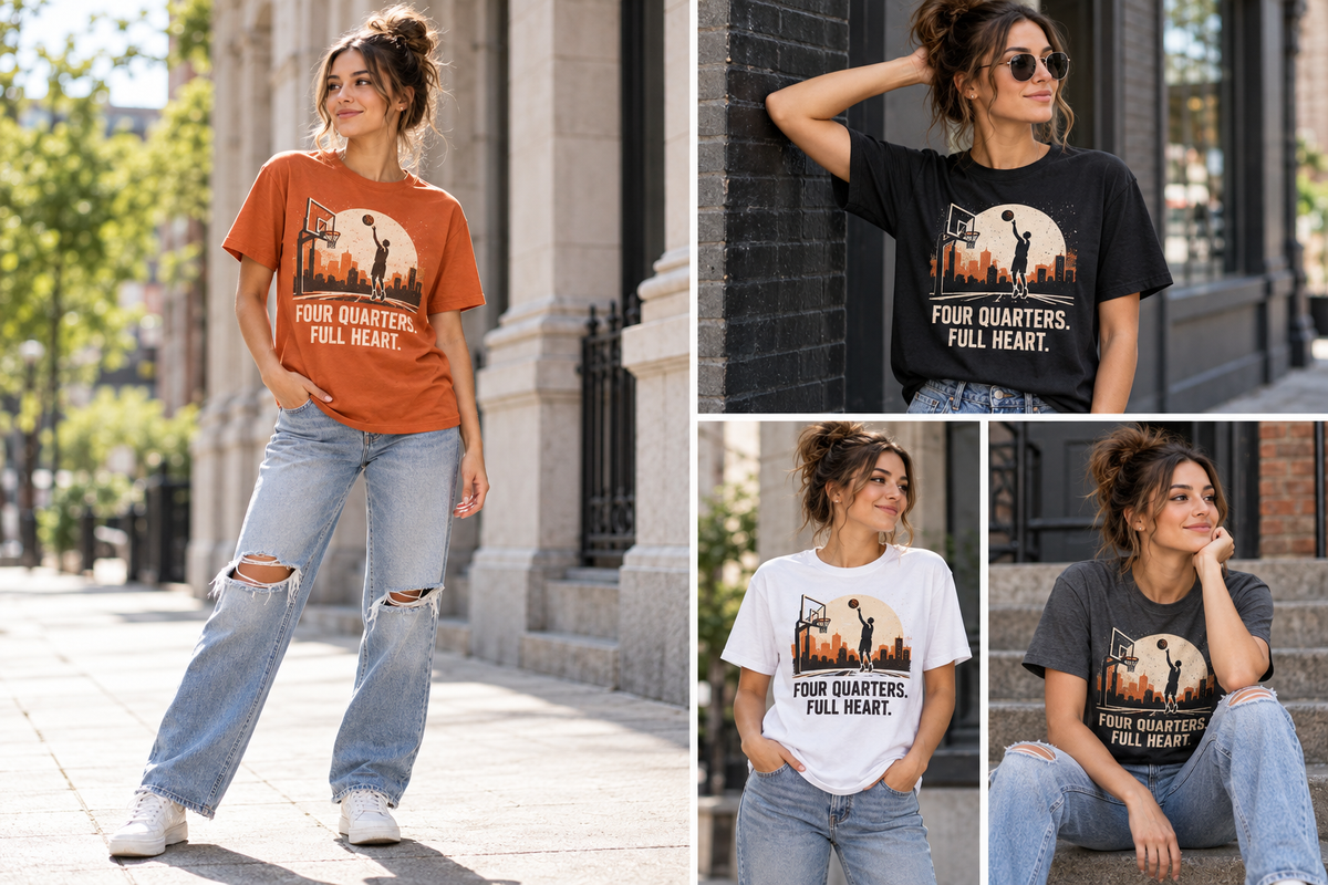 Model mockup for Four Quarters Full Heart Basketball T-Shirt; quote: FOUR QUARTERS. FULL HEART.; shown in several poses and colorways.