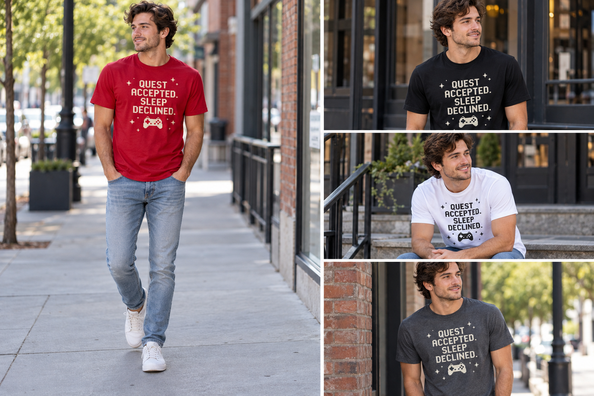 Model mockup for Quest Accepted Sleep Declined Gaming T-Shirt; quote: QUEST ACCEPTED. SLEEP DECLINED.; shown in several poses and colorways.