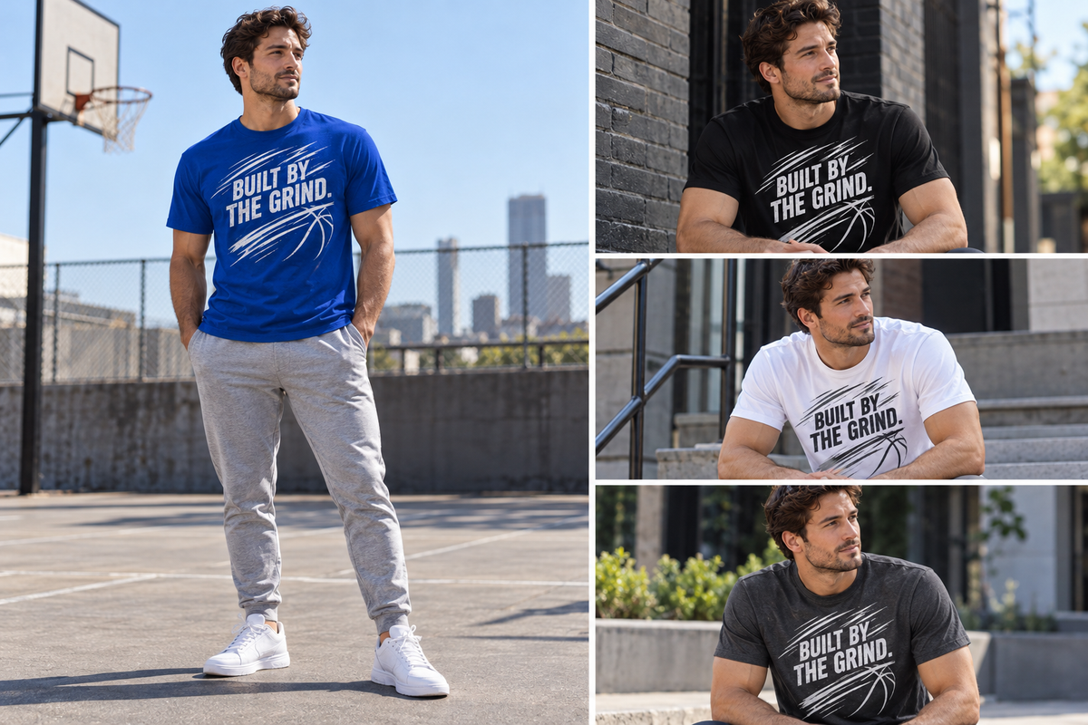 Model mockup for Built by the Grind Basketball T-Shirt; quote: BUILT BY THE GRIND.; shown in several poses and colorways.