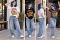 Model wearing the Snack Humor graphic T-shirt in white, with additional poses in alternate colors.