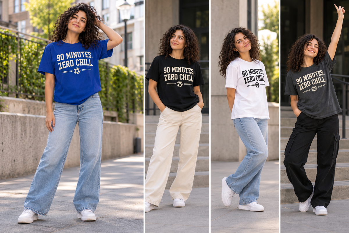 Model wearing the Soccer graphic T-shirt in royal blue, with additional poses in alternate colors.