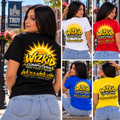 WizKid Computers We're a Whole Vibe back-logo shirt, female model in five colors and poses